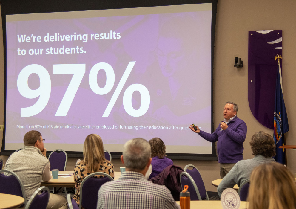 K-State President Linton during a community visit to Salina, Kansas